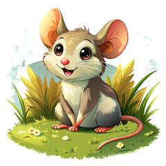 Wall Mural - Vector illustration of a baby mouse on the grass on white background - Generative AI
