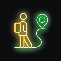 Poster - Neon sign of a tourist with a backpack walking along a path leading to a geolocation point