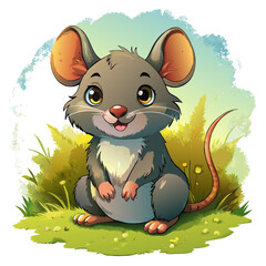Wall Mural - Vector illustration of a baby mouse on the grass on white background - Generative AI
