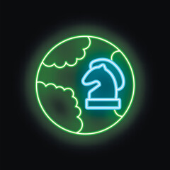 Poster - Neon sign of a knight chess piece standing on planet earth representing world domination