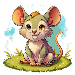 Wall Mural - Vector illustration of a baby mouse on the grass on white background - Generative AI
