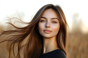 Wall Mural - A beautiful woman with long brown straight hair photography portrait flowing.