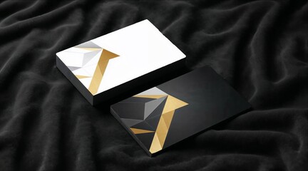 Modern, stylish business card, on a textured dark velvet surface. The card has a sleek geometric design with a combination of gold and silver triangle shapes