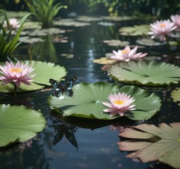 Sticker - Butterfly and fairy sit on a lily pad surrounded by water lilies, fairy, ponds, serene