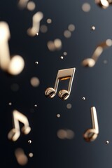 Poster - Polished gold musical notes gently hover in a matte black backdrop, enhanced by soft glowing accents and light particles, offering ample space for text overlay
