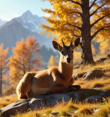 Wall Mural - Chamois fawn resting on a sunny mountain meadow with a backdrop of autumn trees, grassy, trees