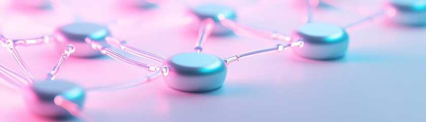 Poster - Intricate digital grid composed of glowing teal and magenta nodes connected by fine glowing lines is set on a matte white surface, embodying a tech-savvy aesthetic with ample space for text