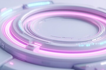 Canvas Print - A vibrant circular interface glows in neon hues of green, purple, and blue, surrounded by sleek metallic surfaces, providing a modern tech aesthetic against a white backdrop for branding