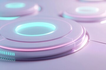 Poster - Showcasing a futuristic glowing circular interface in vibrant neon colors like green, purple, and blue, surrounded by metallic textures. The matte white background allows ample space for branding