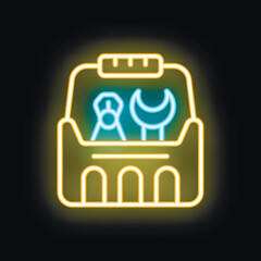 Poster - Neon icon of a toolbox glowing against a black background, potentially symbolizing construction, repair, or handyman services