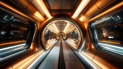 Poster - Futuristic interior of a hyperloop transportation system  The image showcases the sleek metallic and illuminated design of the high speed transit tunnel