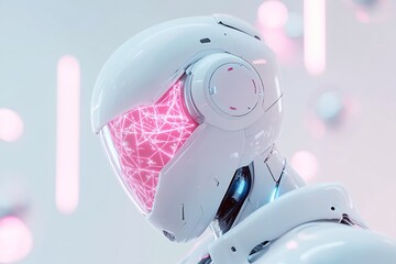 Canvas Print - Humanoid robot exhibits glowing neural network designs on its head, surrounded by vibrant holographic data streams in neon blue and pink against a white background, highlighting advanced technology