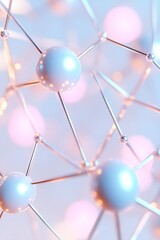 Poster - Glowing blue and pink nodes form an intricate neural network, interconnected by metallic lines on a subtle white gradient background, creating a futuristic atmosphere