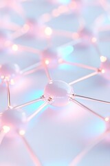 Poster - A vibrant network displays glowing blue and pink nodes interconnected by sleek metallic lines, creating a futuristic and intelligent design against a soft white backdrop, inviting exploration