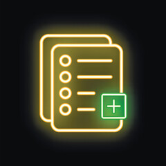 Poster - Neon icon of documents with a plus sign for adding a new file is glowing on a black background