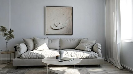 Aufkleber - Modern Minimalist Living Room with Light Sofa, Cozy Cushions, Bright Coffee Table, and Inviting Artwork for Serene Interior Atmosphere