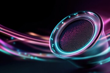 Poster - A 3D speaker releases luminous sound waves and neon light bursts in blue, green, and purple against a black gradient backdrop, creating a dynamic and high-energy atmosphere