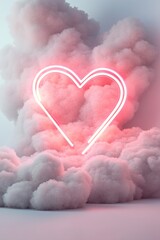 Poster - Fluffy clouds form an elegant arch framing a brilliant neon heart in red and magenta. The clean pastel backdrop enhances the glowing effect, allowing ample space for personalized text