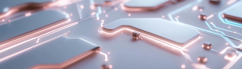 Poster - Vibrant neon lines in blue, green, and pink trace an intricate circuit board pattern etched into a smooth white surface. The clean gradient background provides ample space for text overlay