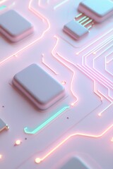 Poster - A circuit board pattern is etched into a smooth white surface, featuring blue, green, and pink neon lines that trace the intricate paths. This design offers a clean and modern look ideal for overlays