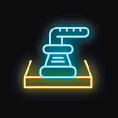 Poster - Blue and yellow neon icon of a 3d printer creating an object on a black background