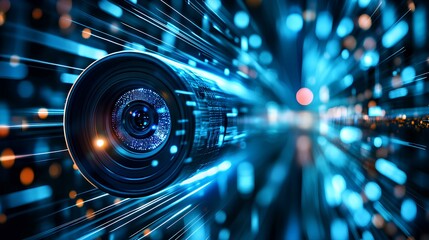 Poster - exciting illuminated SHINE lines following contours of virtual reality engineering design view plans of cctv camera looks straight ahead 