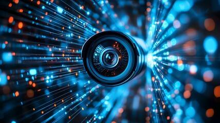 Poster - exciting illuminated SHINE lines following contours of virtual reality engineering design view plans of cctv camera looks straight ahead 