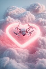 Poster - A glowing drone hovers above fluffy clouds, supporting a neon heart crafted in red and pink tones. The clean gradient background enhances the dreamlike atmosphere, inviting creativity