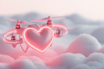 Poster - A neon heart in vibrant red and pink tones hovers above soft, fluffy clouds, creating a dreamy and romantic atmosphere against a clean gradient background