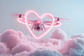 Poster - A vibrant neon heart in red and pink tones is gracefully attached to a drone, hovering above fluffy clouds. The background features a smooth gradient, providing space for text overlay