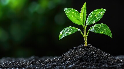 Wall Mural - Young plant sprout growing in dark soil, new life, environmental concept, nature background, website banner