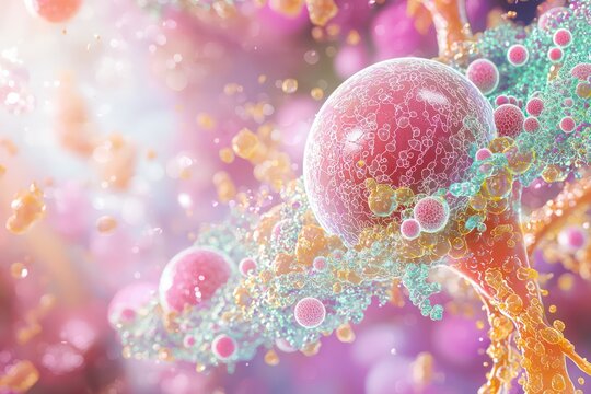 Microscopic cellular biology, vibrant pink and teal colors, iridescent bubbles, colorful organic structures, glowing particles, translucent membranes, abstract scientific visualization, high detail, m