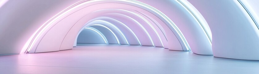 Poster - This 3D-rendered digital tunnel features glowing neon lines spiraling inward in shades of cyan and purple, set against a neutral gradient background, offering dynamic design potential
