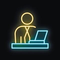 Poster - Neon sign of a businessman working at his desk on his laptop, depicting overtime work or late night shifts