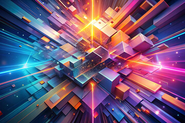 Poster - Abstract colorful 3D geometric shapes and glowing light rays.