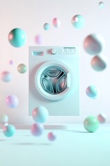 Poster - A white washing machine stands prominently against a clean background, surrounded by floating neon spheres in various sizes and colors, creating a modern and vibrant atmosphere
