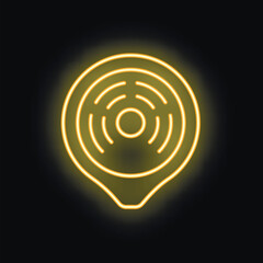Poster - neon yellow gps location pin icon glowing on dark background representing navigation, travel and loc