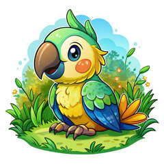 Wall Mural - Vector illustration of a baby parrot on the grass on white background - Generative AI
