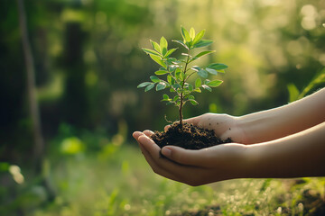 hands holding young tree in forest: environmental protection concept