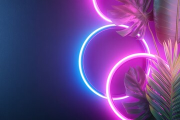 Poster - Glowing neon rings in cyan and magenta are intertwined with lush tropical leaves against a clean black or deep purple background. This vibrant composition offers ample space for branding or text