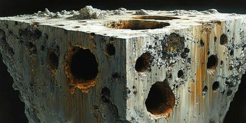 Poster - Uniquely textured rock formation with numerous cavities illuminated by warm light