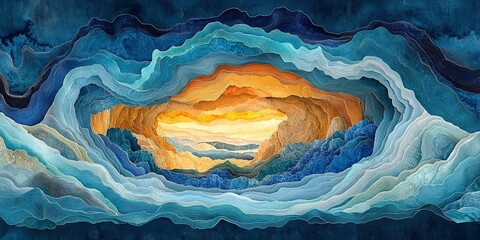 Poster - Colorful abstract representation of ocean waves meeting a sunset sky over a calm water surface in serene hues