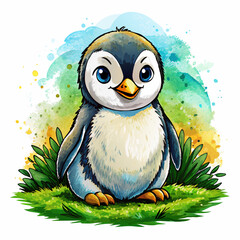 Wall Mural - Vector illustration of a baby penguin on the grass on white background - Generative AI

