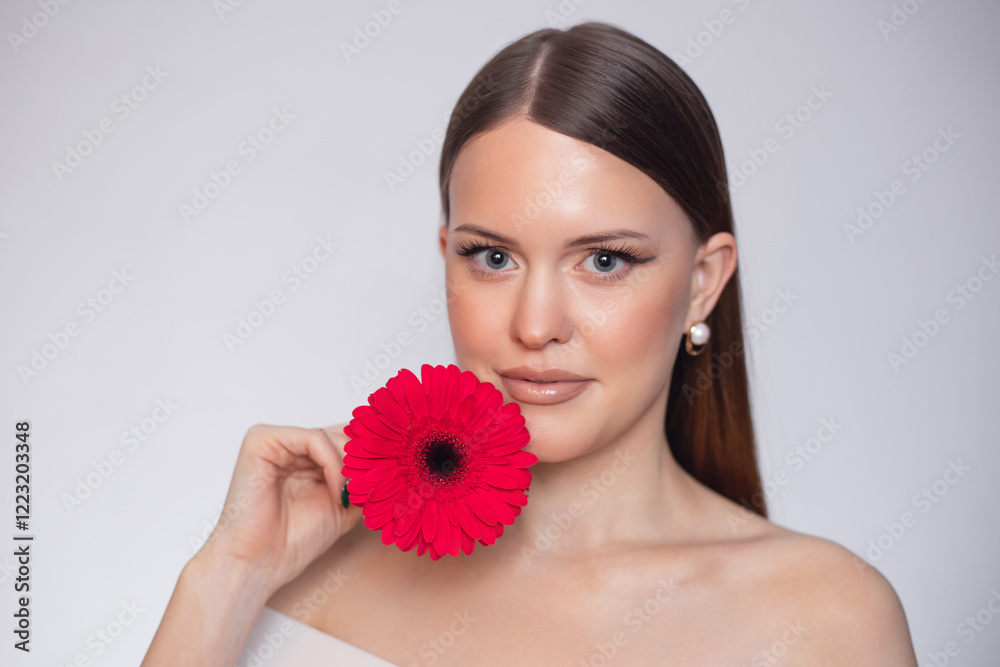 Woman with a red flower in her hands. Young beautiful woman with loose ...