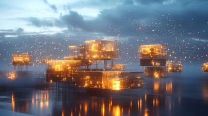 Poster - Futuristic glowing cubes float above a shimmering water surface at night, crafting a captivating scene that embodies advanced technology and innovative design in an urban landscape