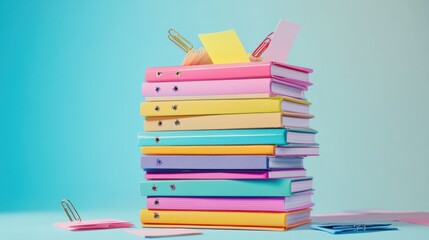 Colorful stack of notebooks with paper clips on blue and pink gradient background