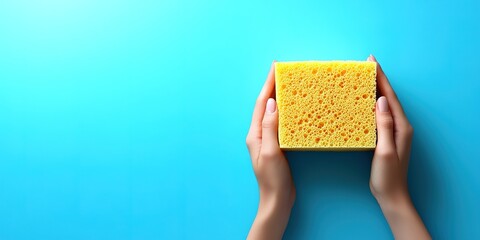 Poster - Hands holding a bright yellow sponge against a vibrant blue background
