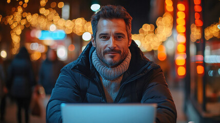 Poster - Handsome man in a winter jacket working on his laptop at an outdoor cafe, surrounded by festive city lights