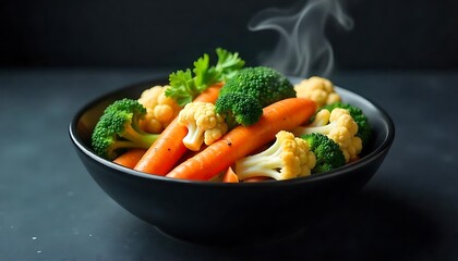 Wall Mural - Steaming fresh vegetables: carrots, broccoli, and cauliflower in a black bowl