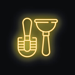 Poster - Neon icon of a toilet brush and plunger glowing yellow on black